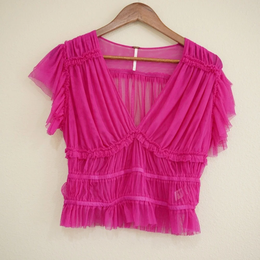 Free People Size Medium Magenta Pink Sheer Mesh Ruffle Smocked V-Neck Top Party